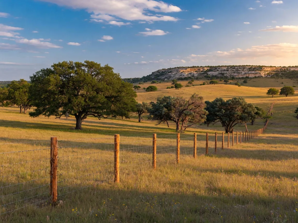 A new cedar-post fence running across rolling Hill Country ranch land with live oaks under a late-afternoon sky, the kind of tract a Veterans Land Board loan can finance