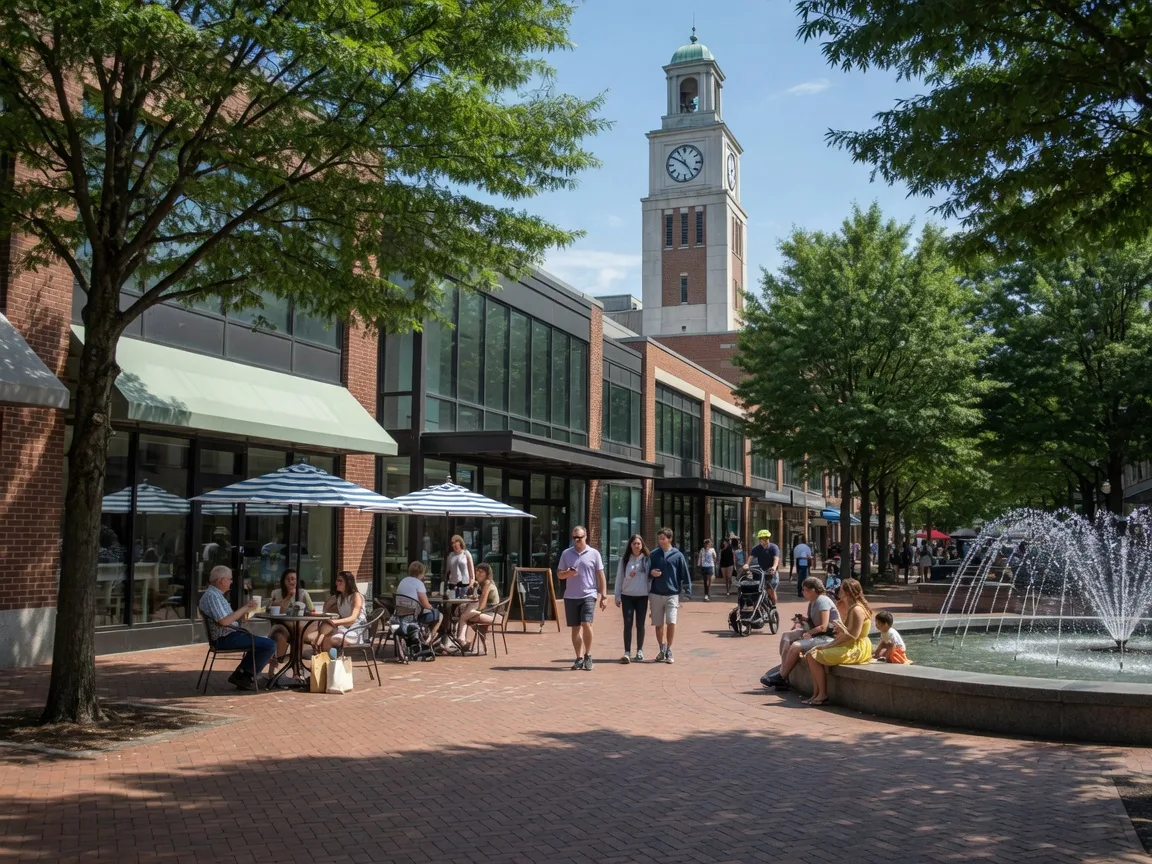 A walkable Maryland town center with brick storefronts and cafe tables