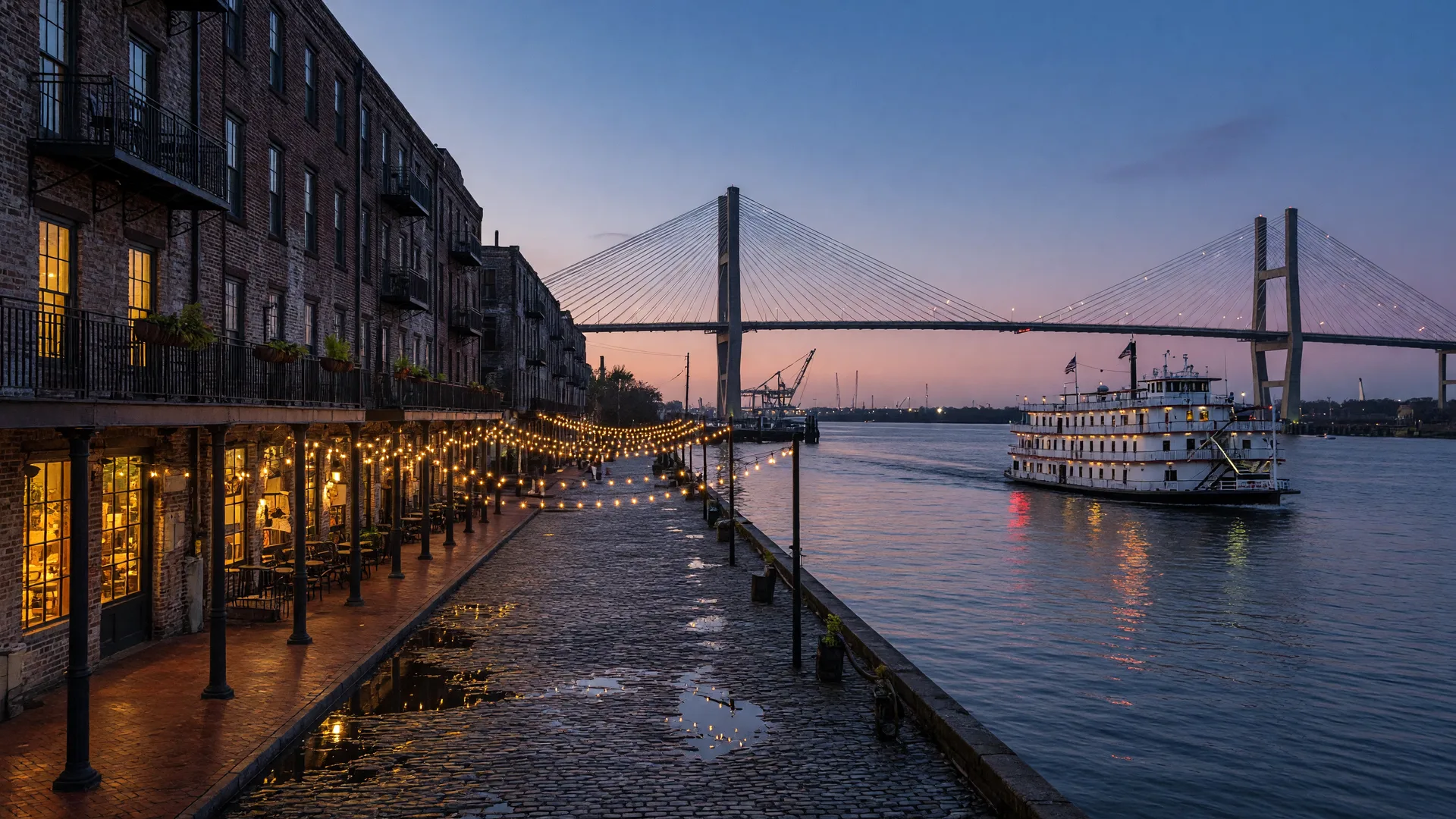 The cobblestone waterfront of River Street in Savannah at dusk, with riverboats and the bridge in the background