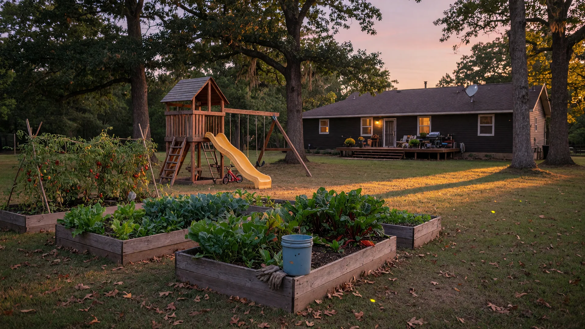 Country backyard on a nearly one-acre lot in September at golden hour, with raised garden beds, a playset, and a deck
