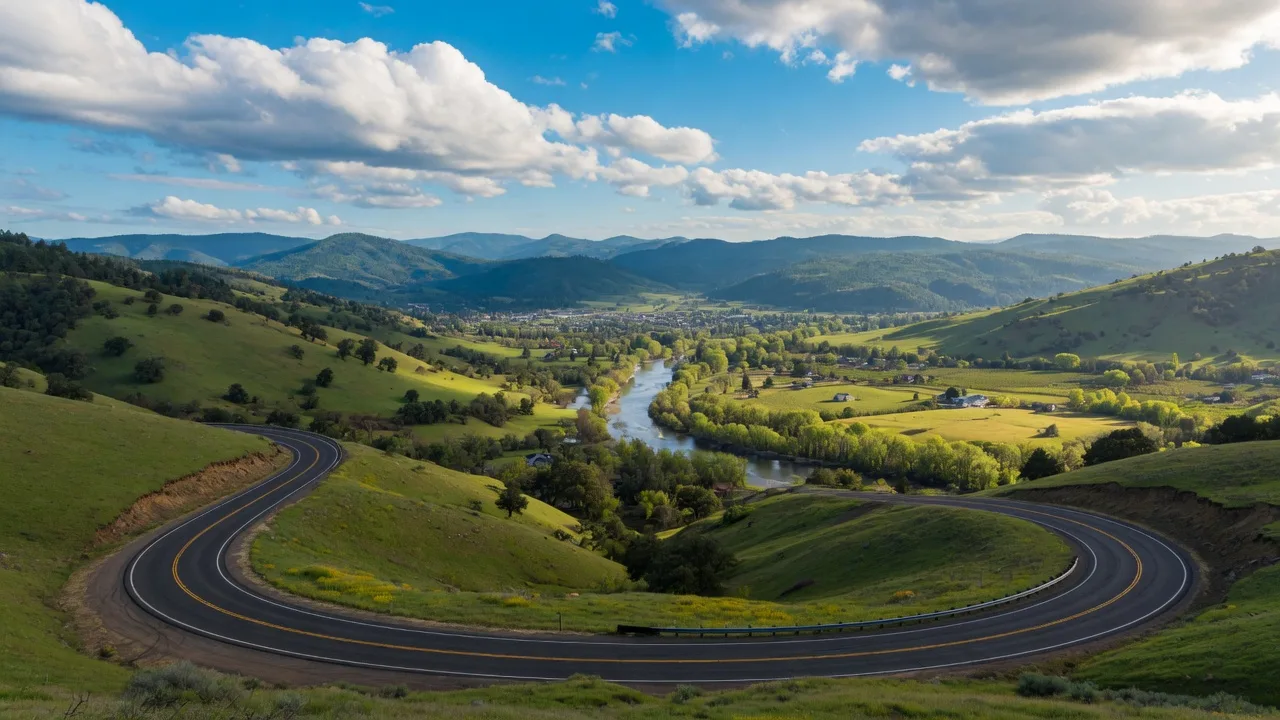 A scenic road winding through the green hills of Southern Oregon