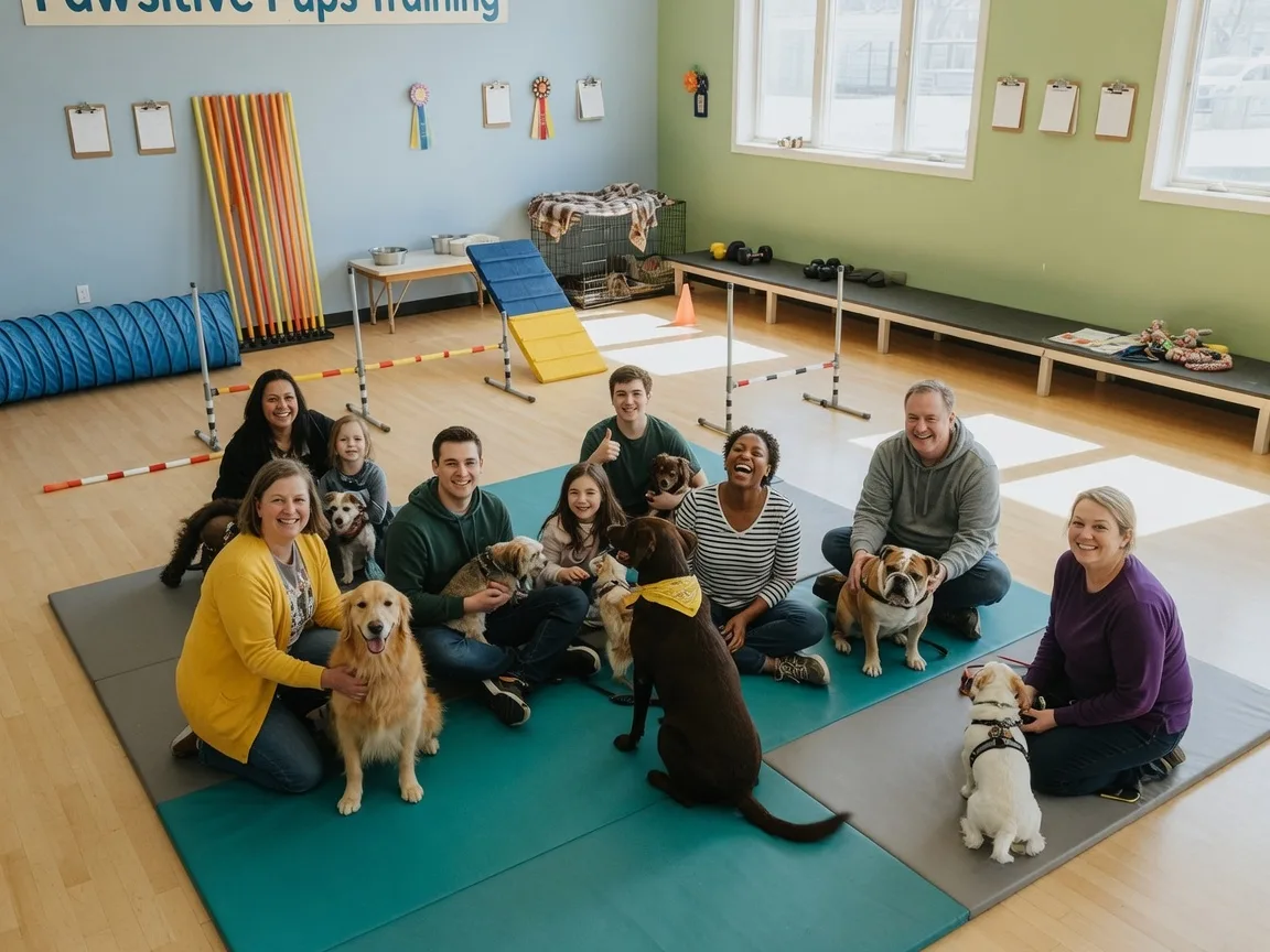 Dogs of various sizes and their owners gathered in a bright training facility with agility equipment and training mats