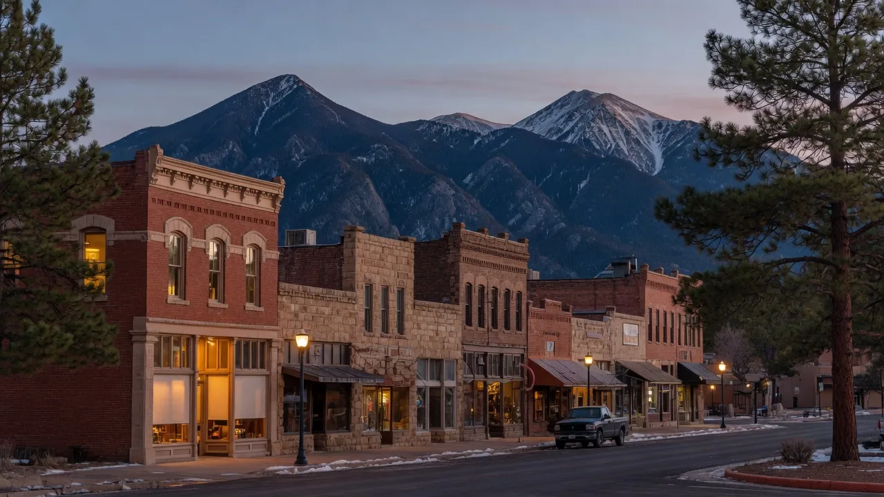 Historic downtown Flagstaff at dusk with the San Francisco Peaks rising behind the rooftops