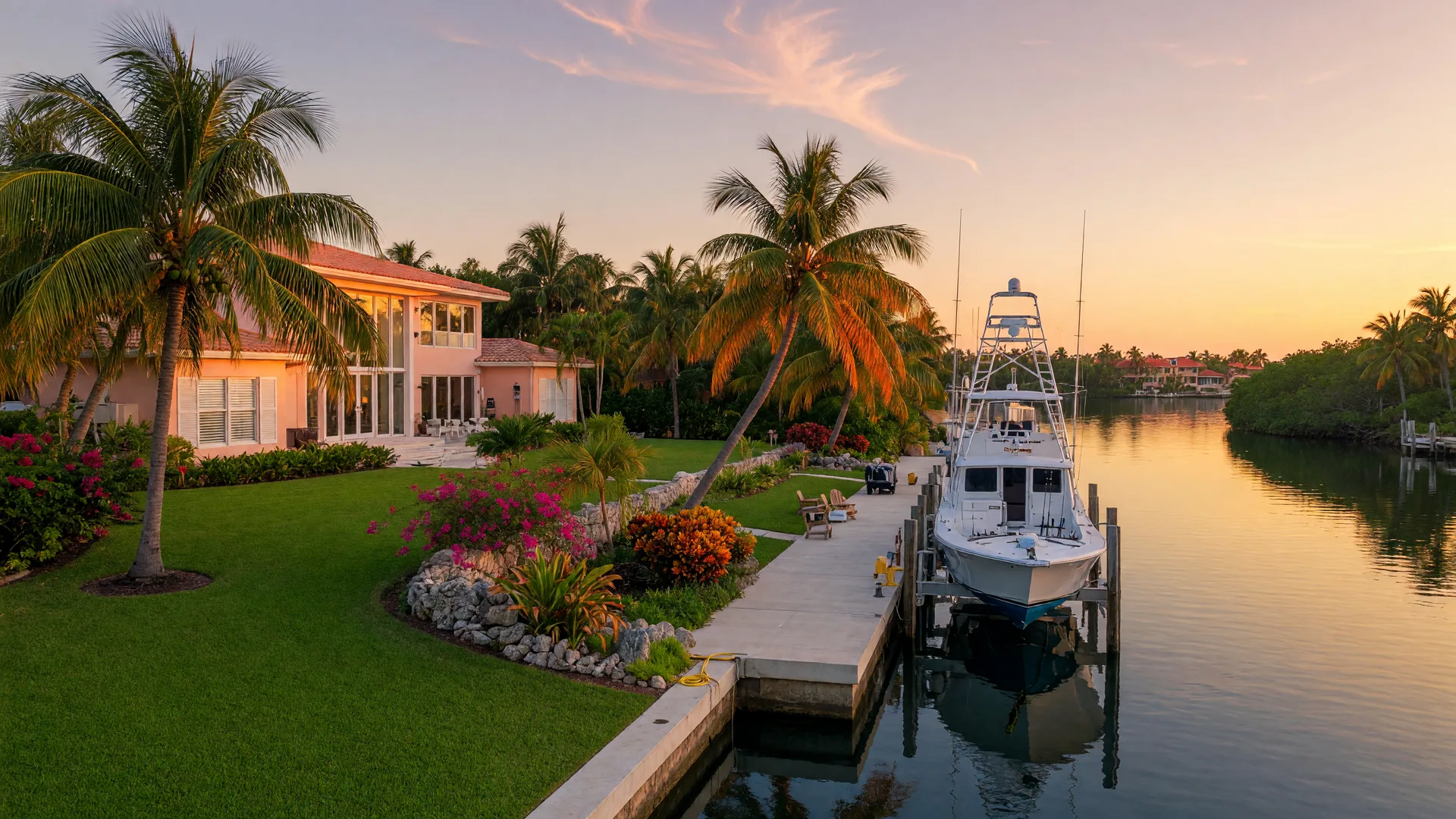 A deep-water canal in Key Largo, Florida Keys, at golden hour with a luxury waterfront home, a private concrete dock and boat lift, and a sportfishing yacht moored in calm glassy water