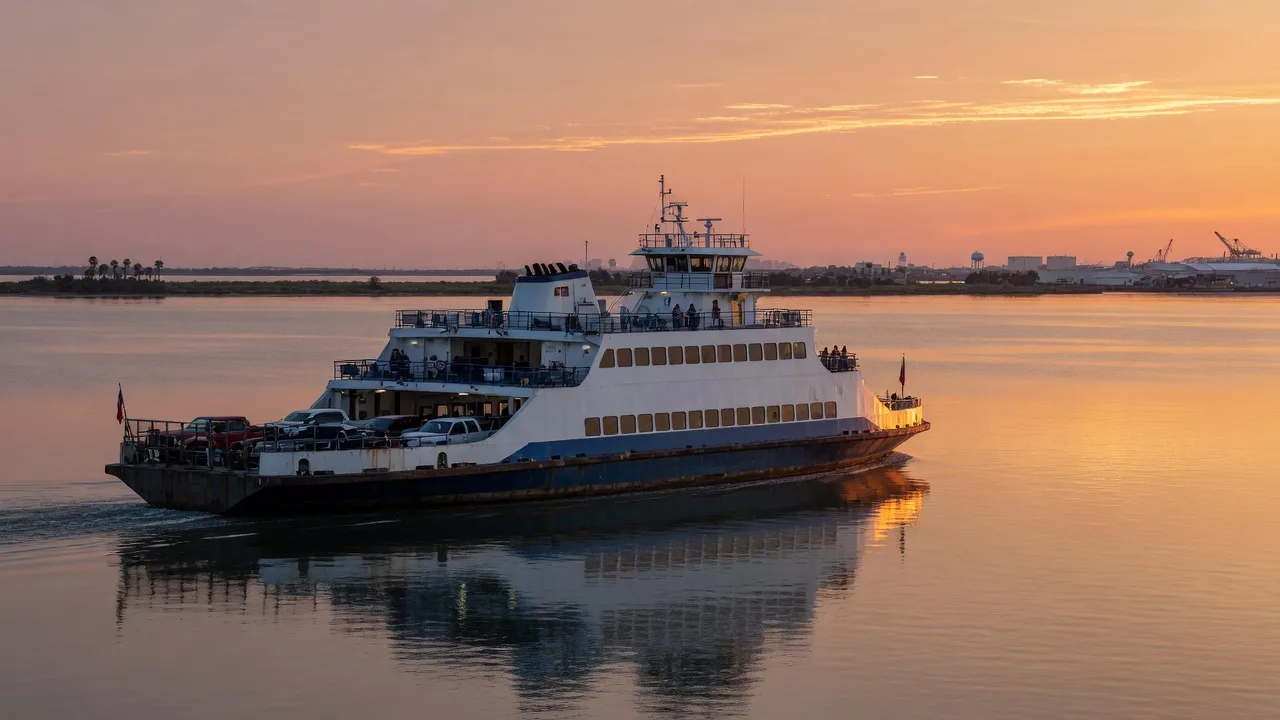 A car ferry crossing a Texas bay at sunset