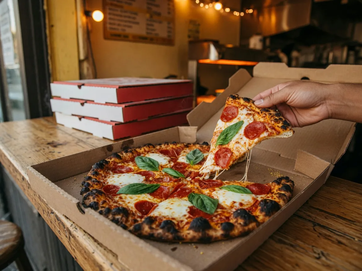 Artisan pepperoni pizza being lifted from an open box on a wooden counter at a neighborhood pizza takeout shop