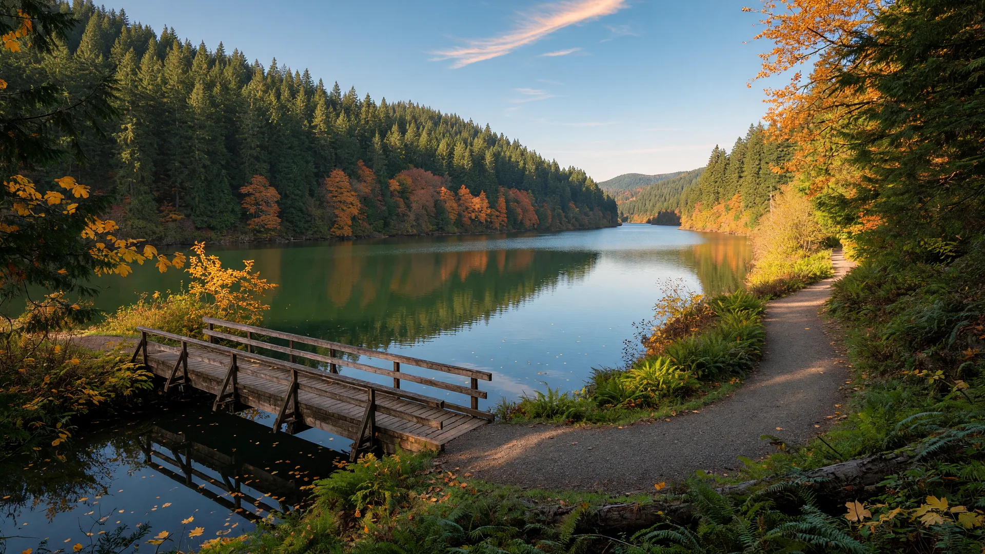 Calm early-autumn view of Faraday Lake near Estacada, Oregon, with the reservoir reflecting forested hills, golden maples turning, and a gravel walking path along the bank