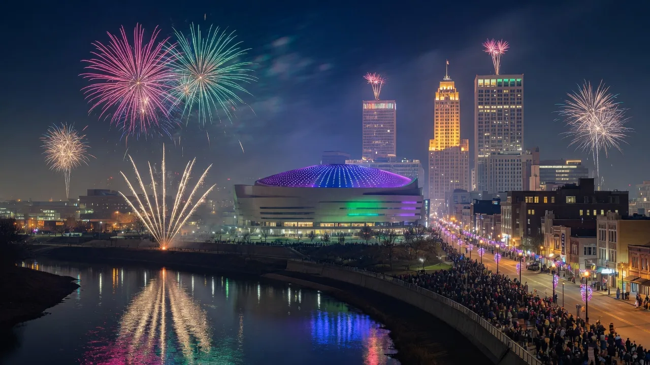 Colorful fireworks bursting over the downtown Tulsa skyline on New Year's Eve, with the BOK Center's glowing dome and Art Deco towers below and distant crowd silhouettes on the street