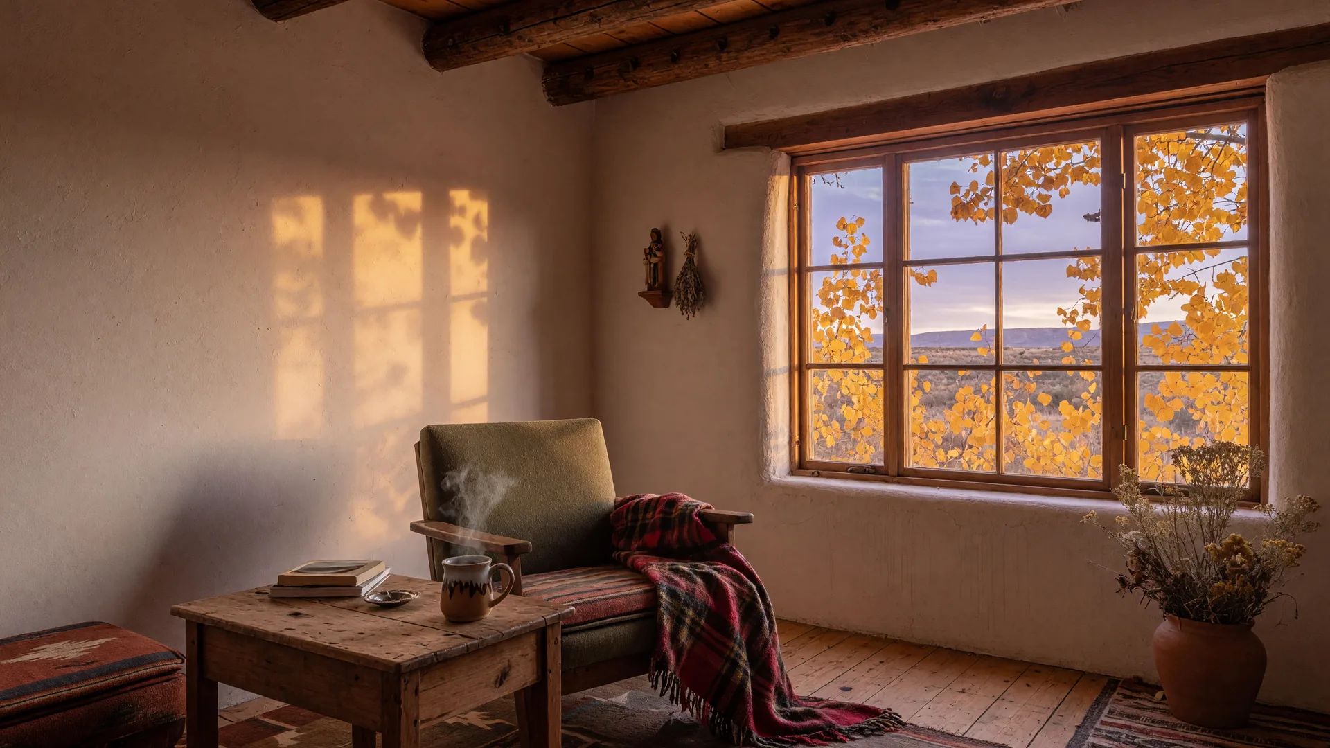 A cozy adobe-style interior in autumn Albuquerque with golden cottonwood leaves outside the window, a plaid throw on a reading chair, and steaming tea on a side table