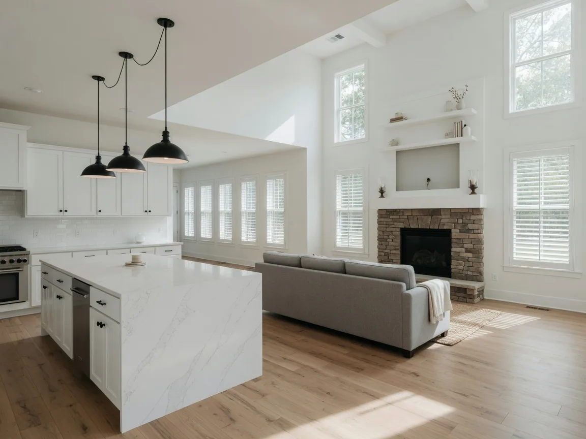 A bright new-construction great room with white kitchen cabinetry, an island, and tall windows