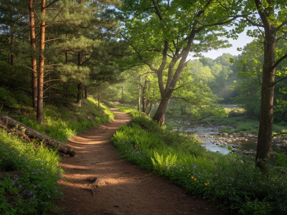 A sunlit forest trail with ferns and dappled morning light near Triangle, Virginia, close to Prince William Forest Park