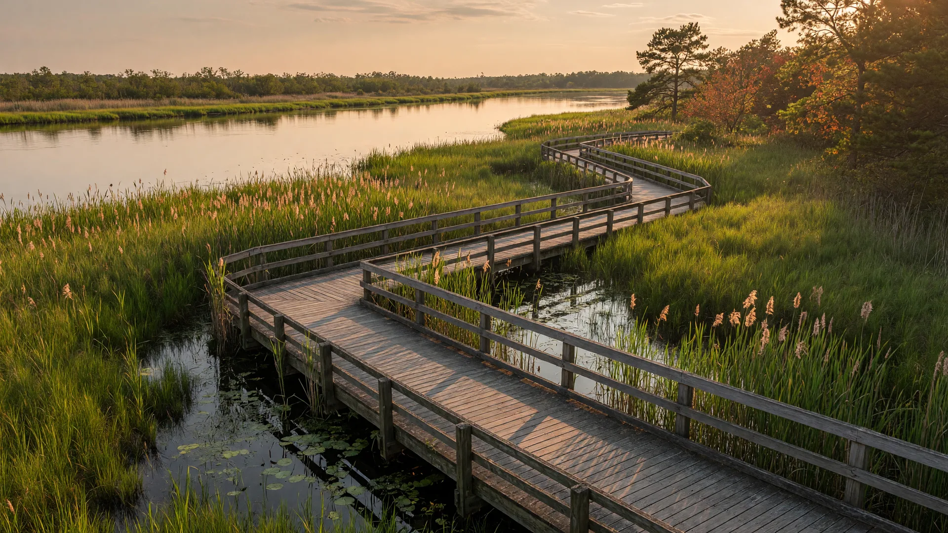 Wooden boardwalk trail through marshlands near Delran