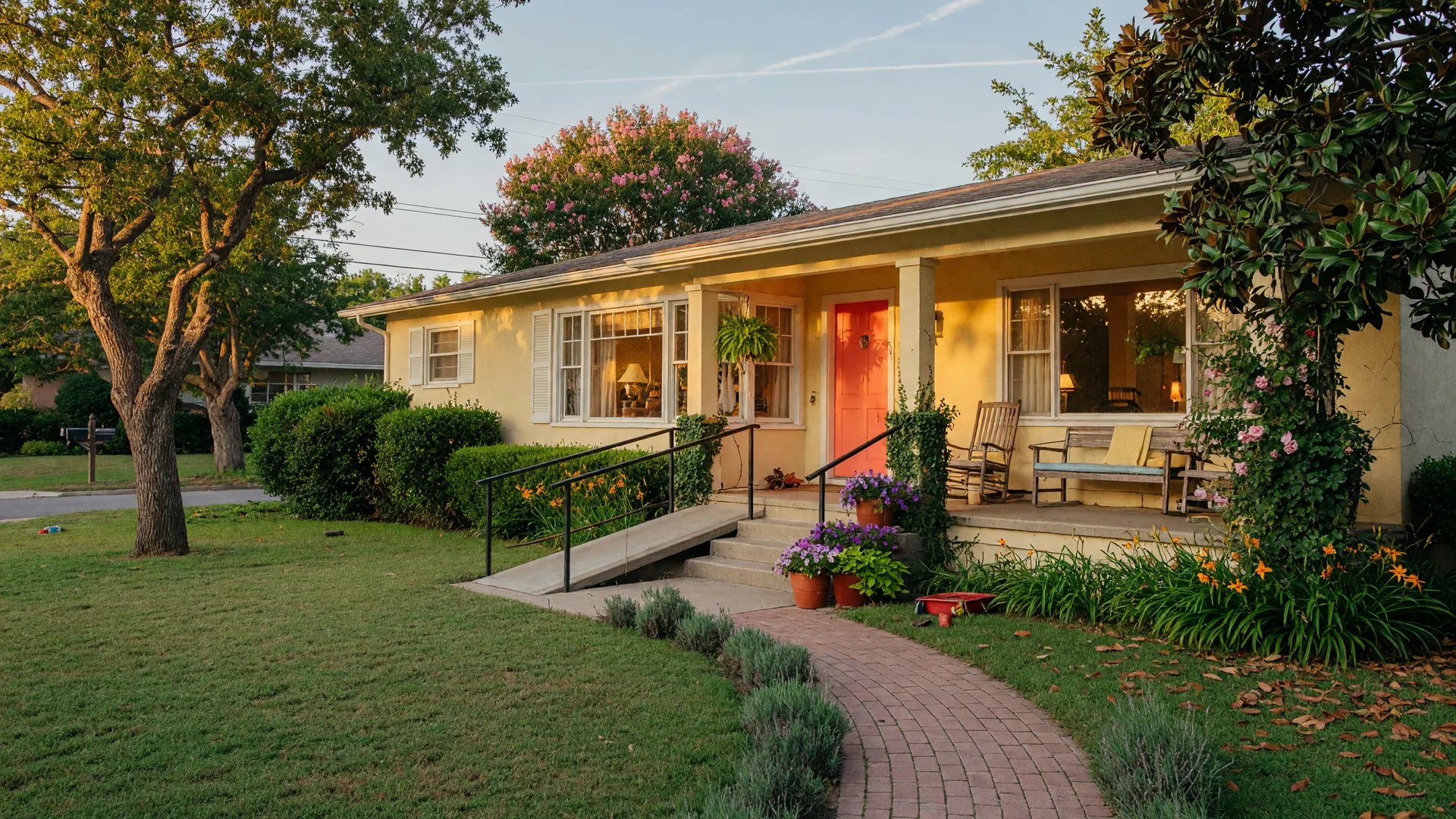 A welcoming single-story ranch home with mature landscaping, front porch, and accessibility ramp in golden-hour light