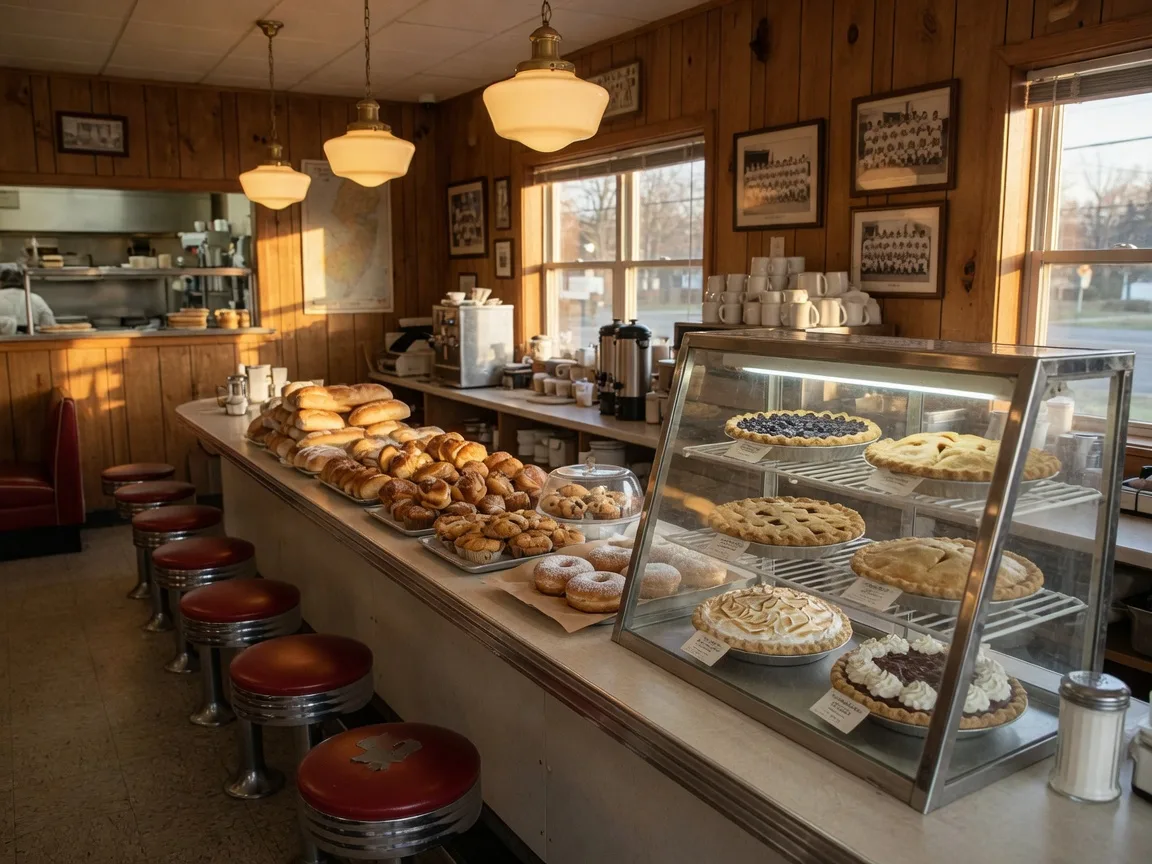 Classic diner-bakery interior at Ponzio's in Cherry Hill with a glass pie case
