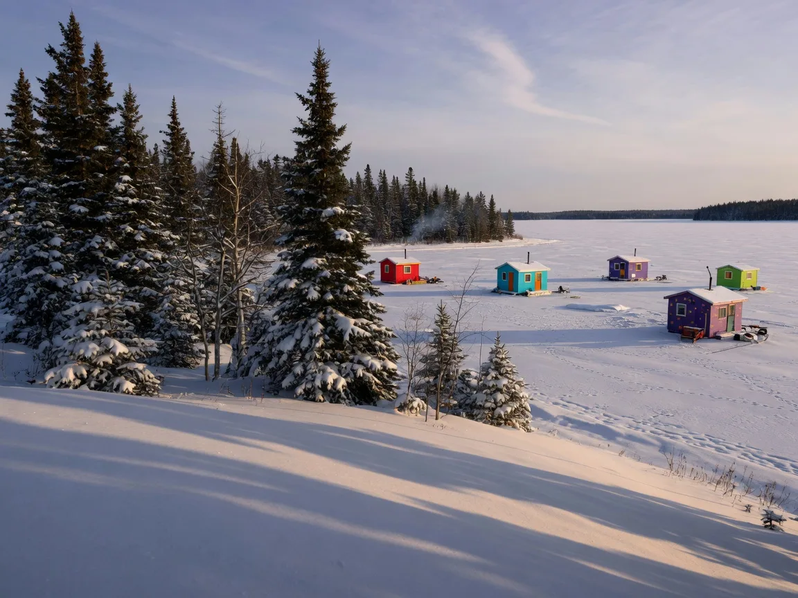 Minnesota winter lake scene with snow-covered shoreline