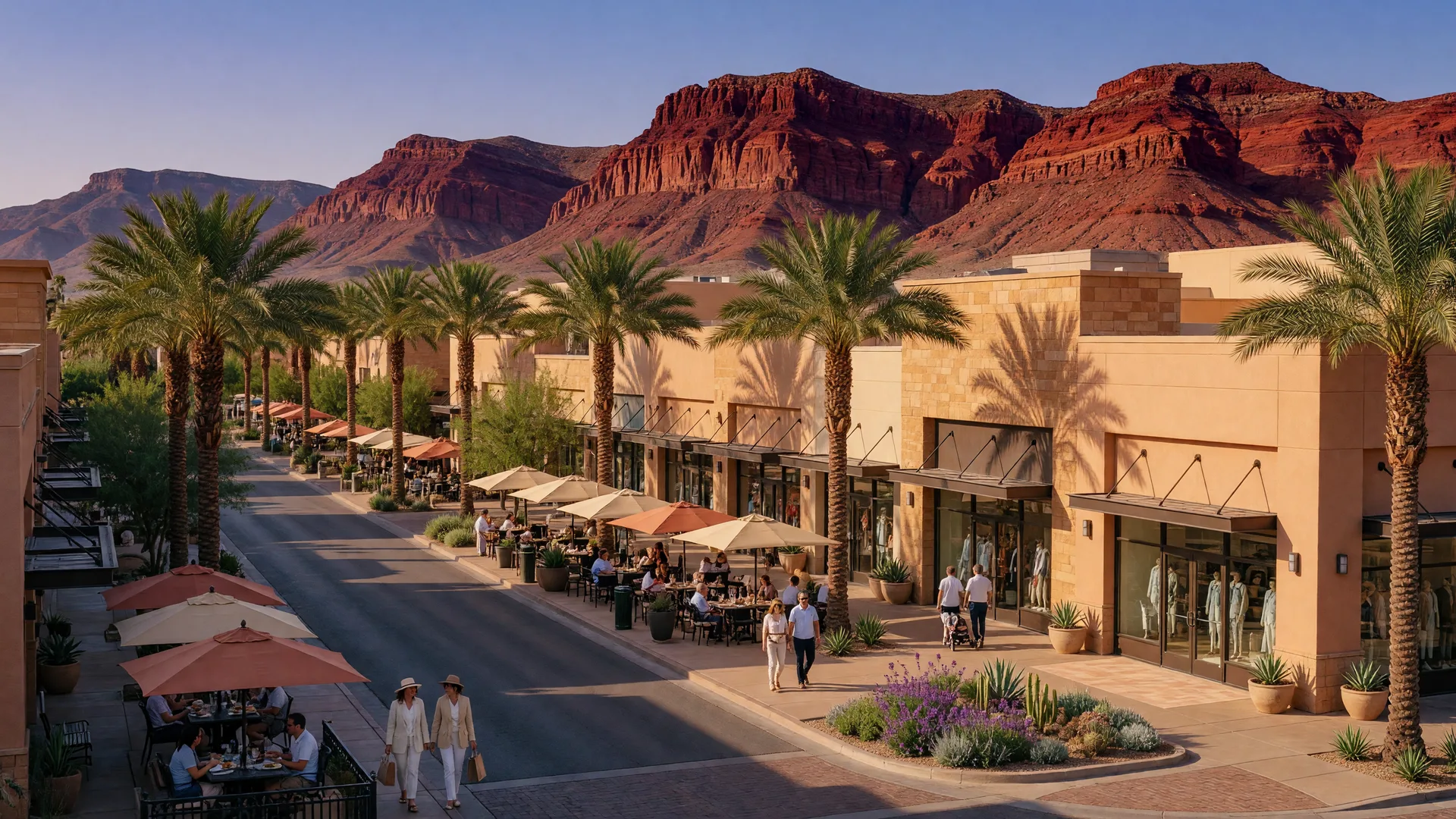 Downtown Summerlin shopping district with palm-lined boulevards, modern architecture, and the Red Rock Canyon escarpment in the background