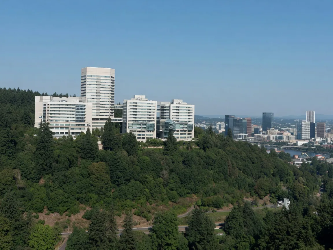 Modern hospital towers of the OHSU campus rising above the treeline on Marquam Hill