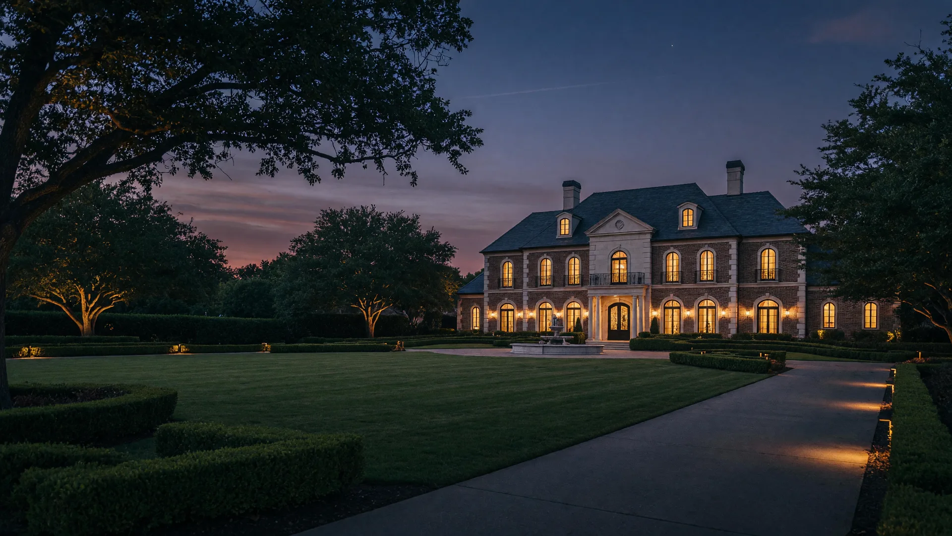 Grand estate home in Preston Hollow, Dallas at dusk with warm window light
