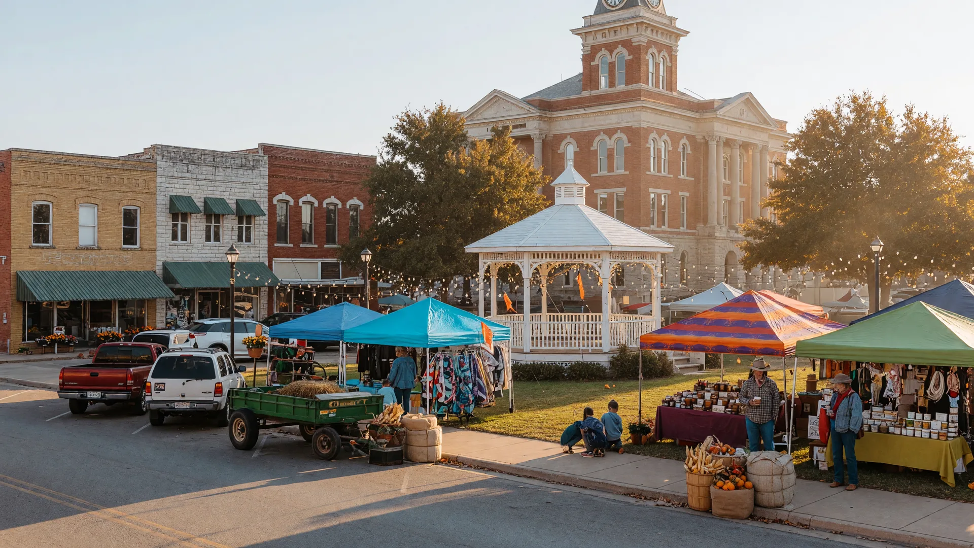Small-town Texas courthouse square with craft-vendor tents and cotton bales at golden hour on an October festival morning