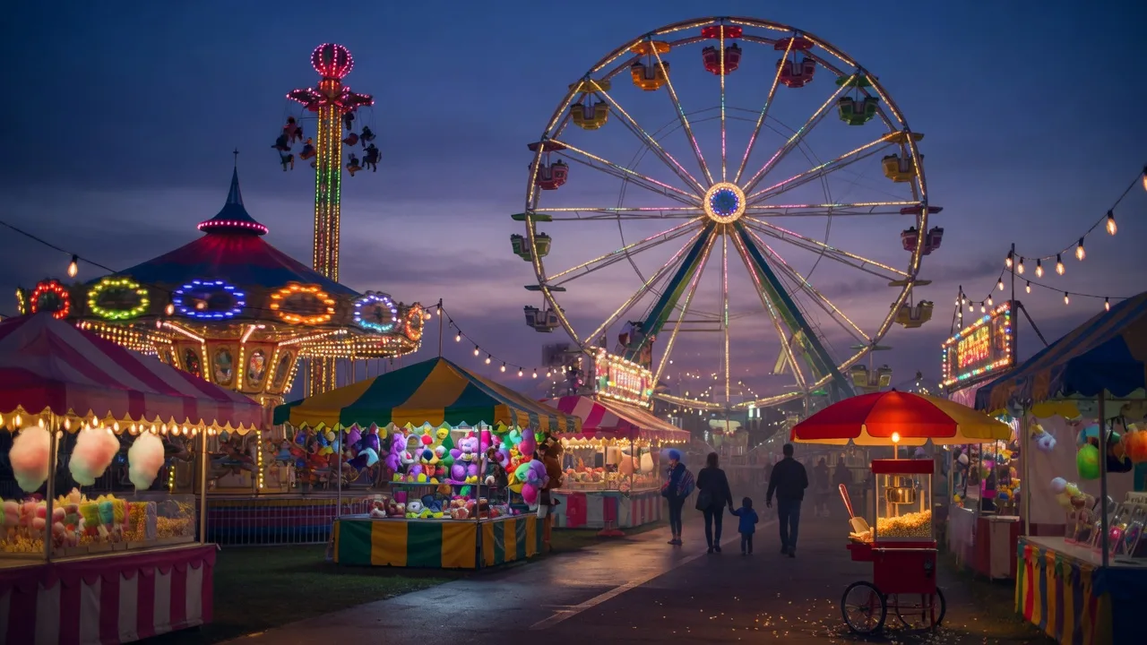 A county fair midway at dusk with a tall ferris wheel and carnival rides glowing with colorful lights against a deep twilight sky, food and game booths lining the midway