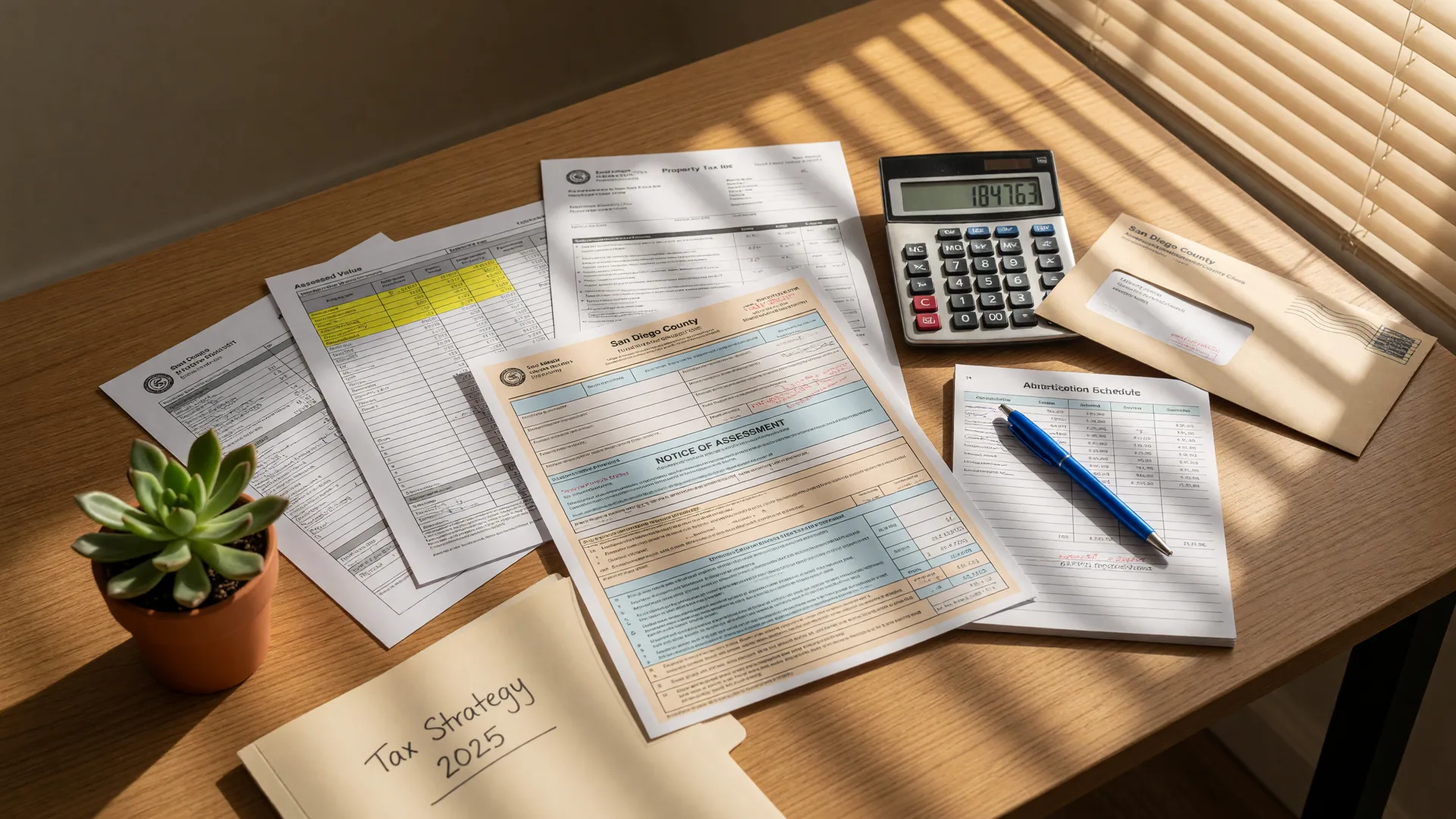 Property tax assessment documents and financial planning materials on a modern desk with natural lighting