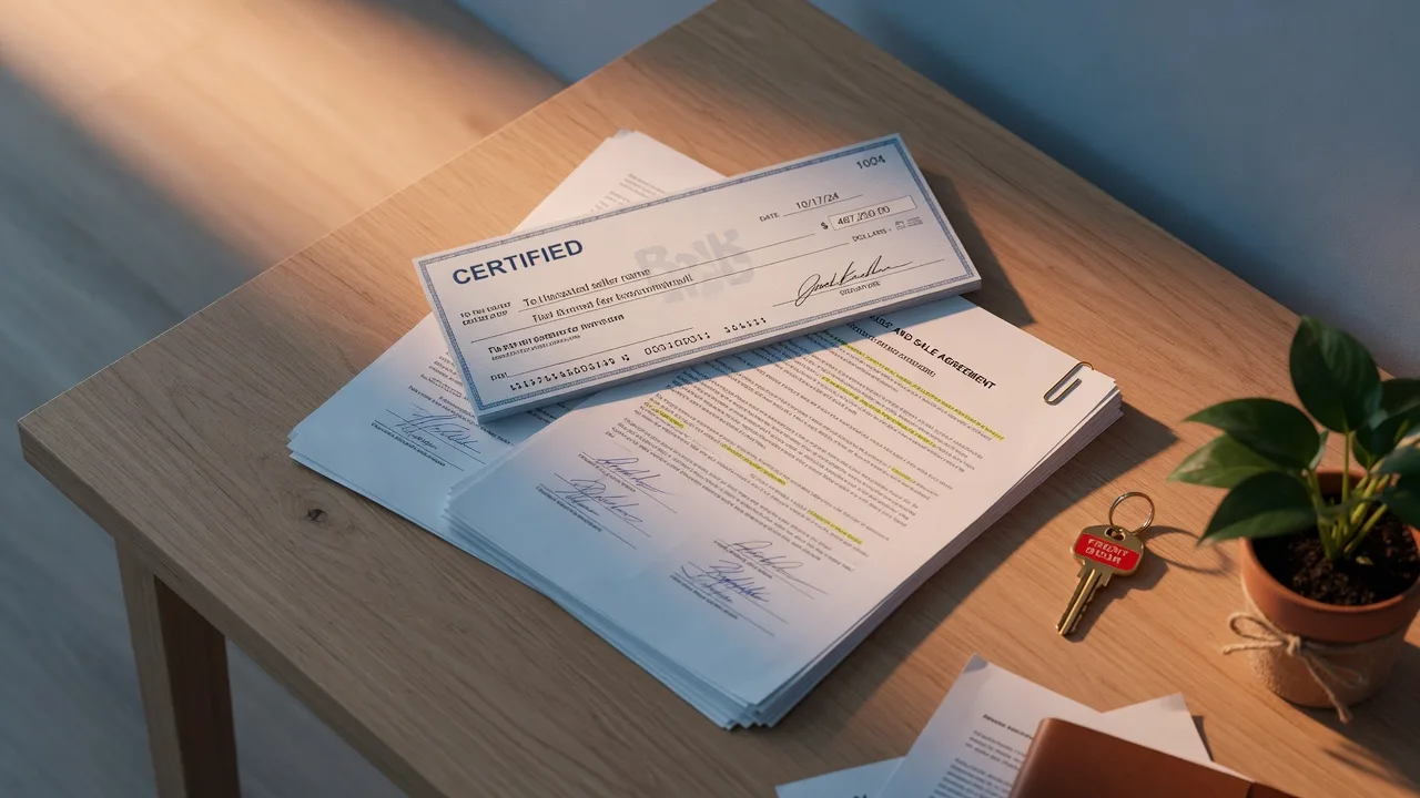 Certified bank check resting on a signed purchase contract with a house key nearby