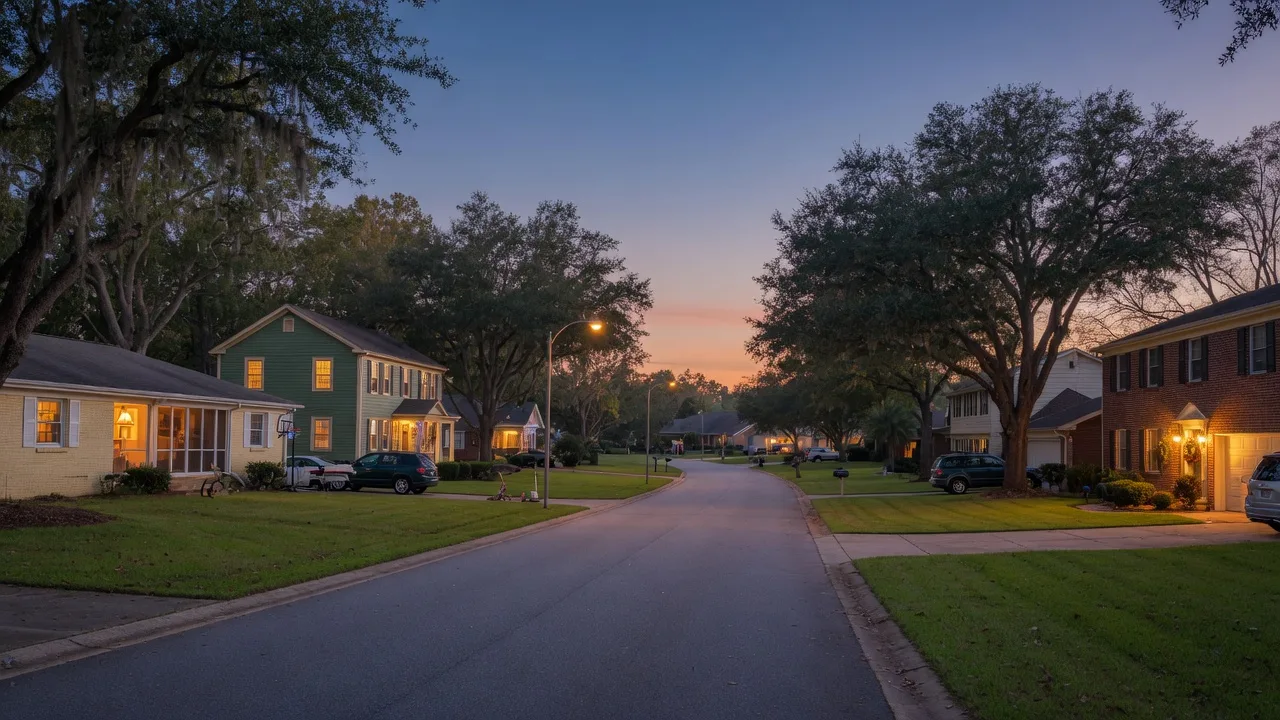 A quiet Evans, Georgia neighborhood street at dusk with homes lit in the evening