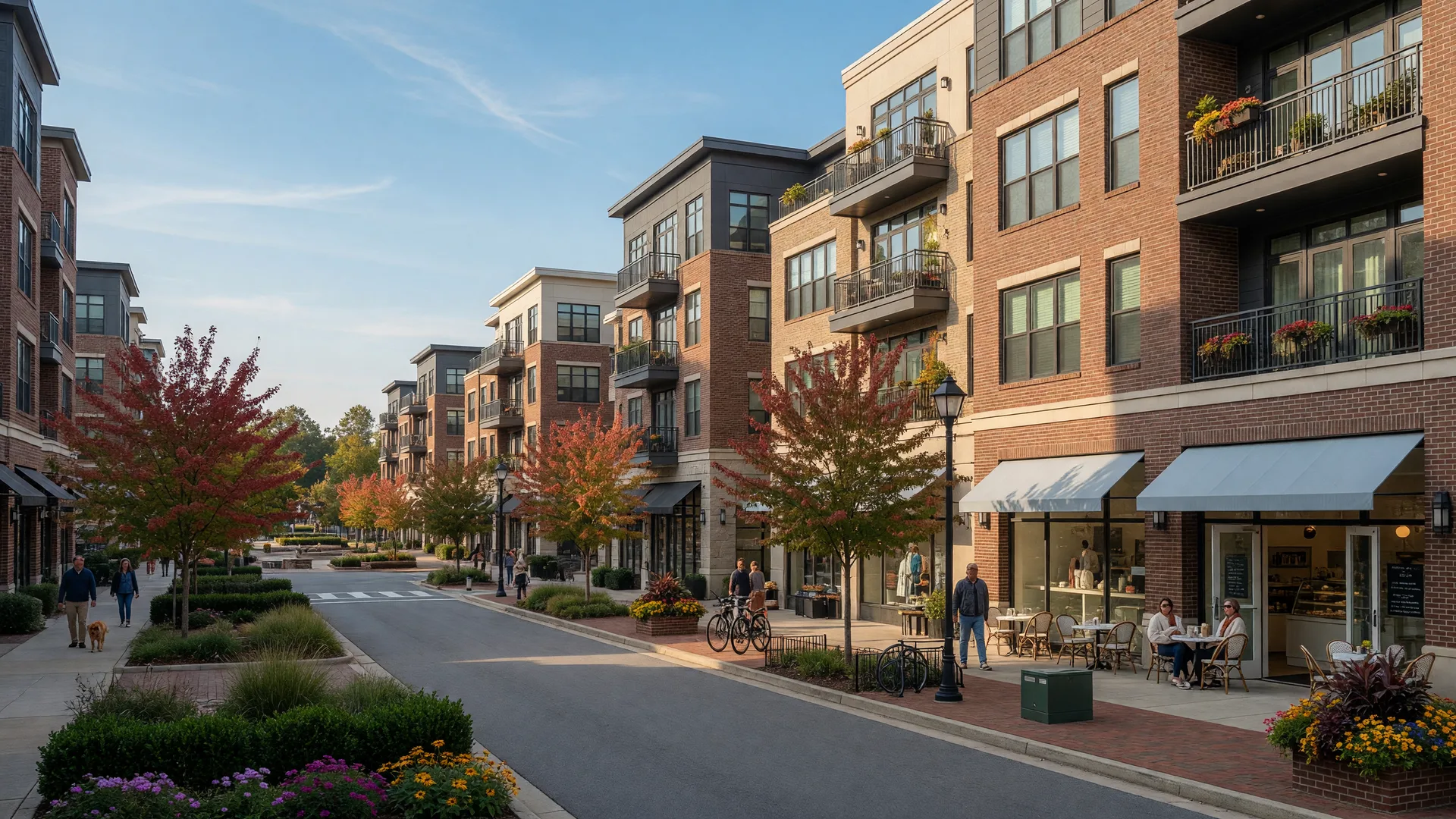 A modern mixed-use town center street in Huntersville, North Carolina