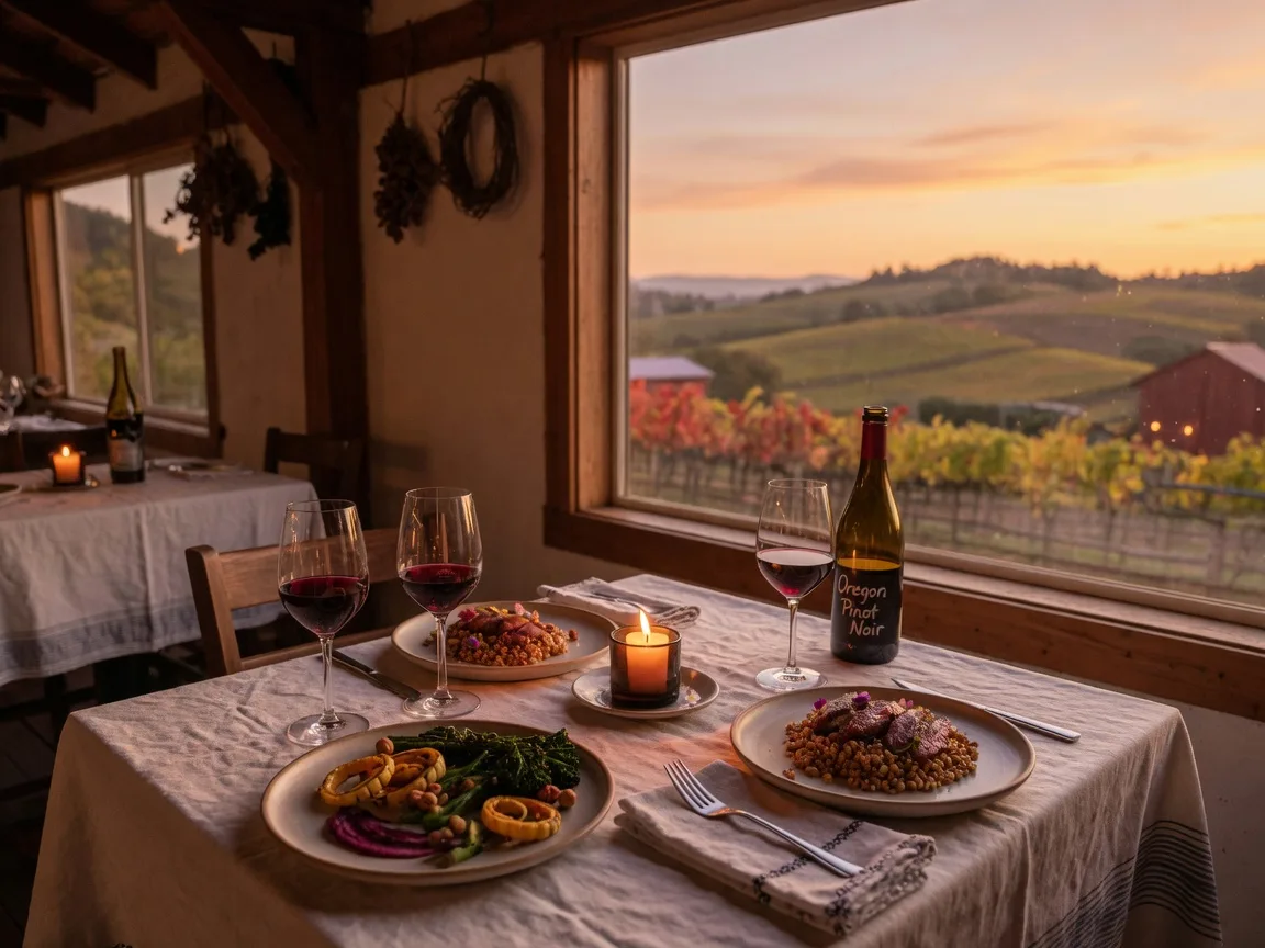 A candlelit farm-to-table dinner with glasses of Pinot Noir and vineyard hills through the window
