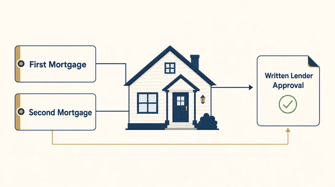 A diagram showing a home, a first mortgage, a second mortgage, and a written lender approval