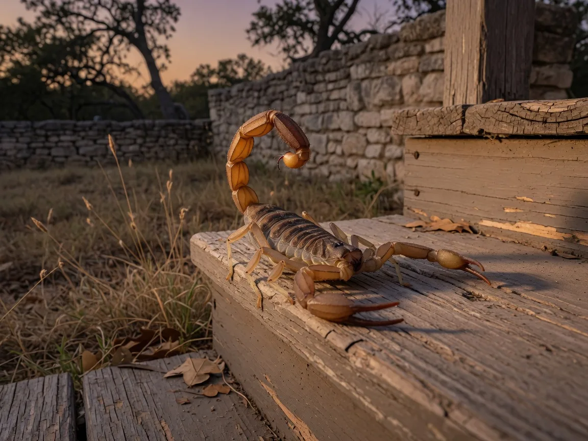 A striped bark scorpion on a weathered wooden porch step at dusk in the Texas Hill Country, pincers and curled tail in sharp focus