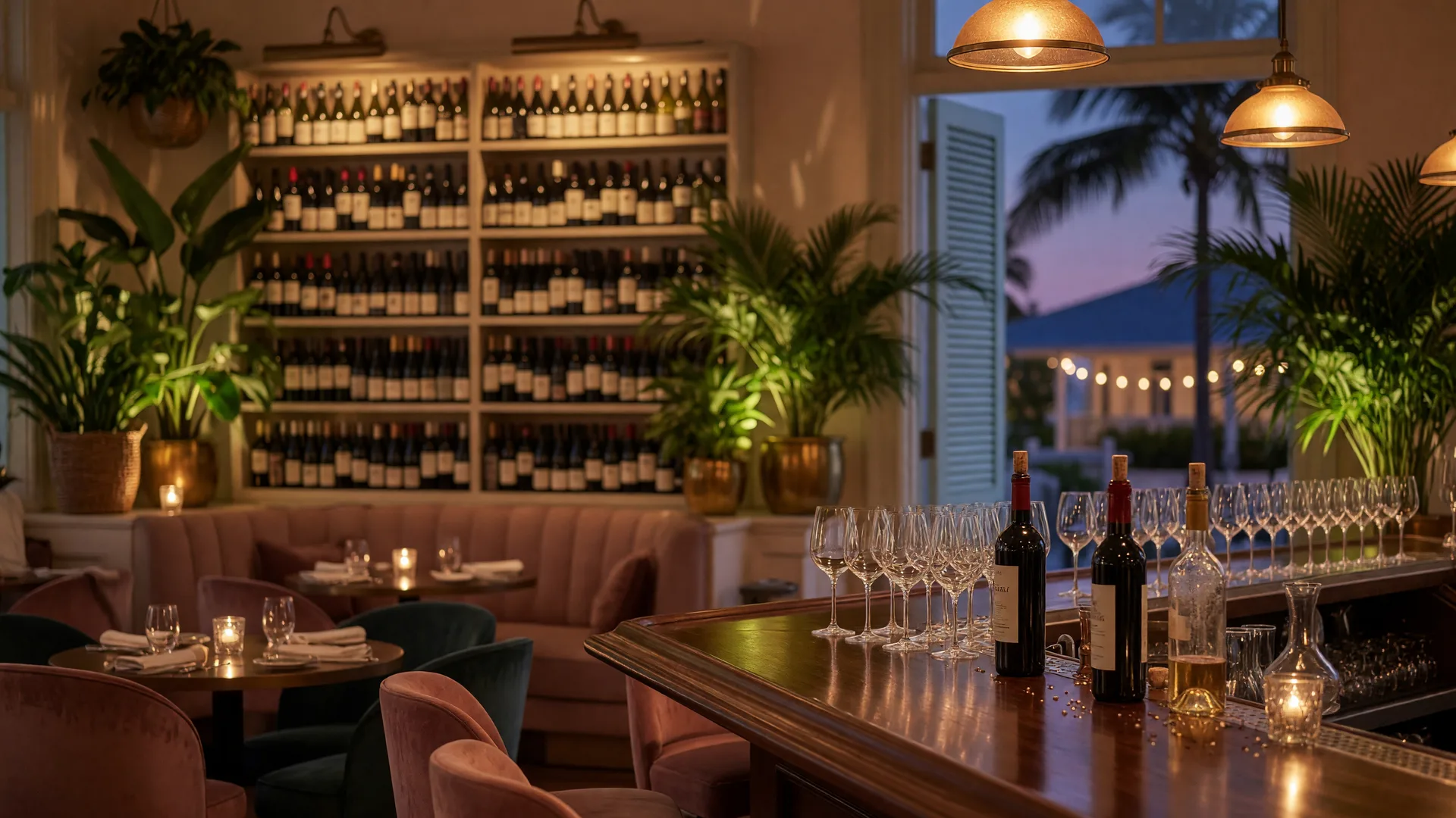 An elegant wine bar and fine dining room in the Florida Keys at evening, warm pendant lights over a polished dark-wood bar lined with wine glasses, candlelit tables and wine shelves softly blurred beyond, tropical greenery by the door