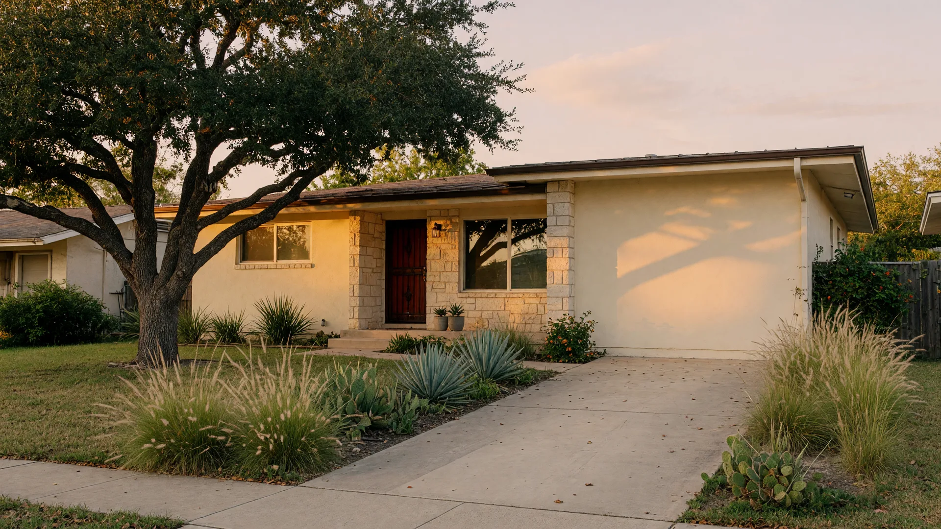 A well-kept single-story cream stucco rental home in a San Antonio neighborhood with limestone accents, live oaks, and drought-tolerant landscaping in late-afternoon light, the classic San Antonio investment property that new investors run the cash flow numbers on