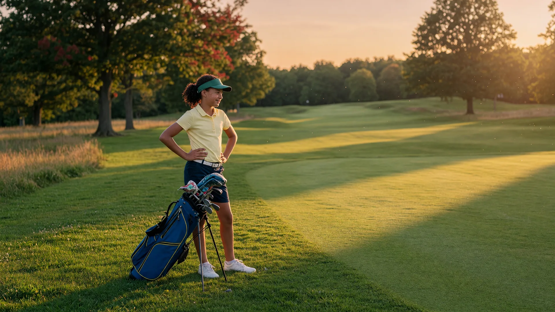 A young junior golfer standing confidently on a New England fairway at golden hour