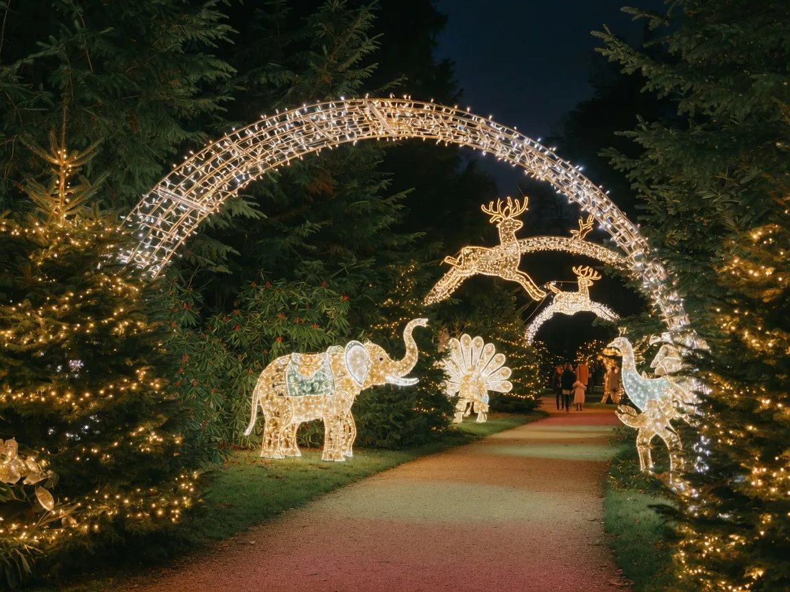 A nighttime walk-through holiday lights display with glowing light tunnels and animal-shaped light sculptures