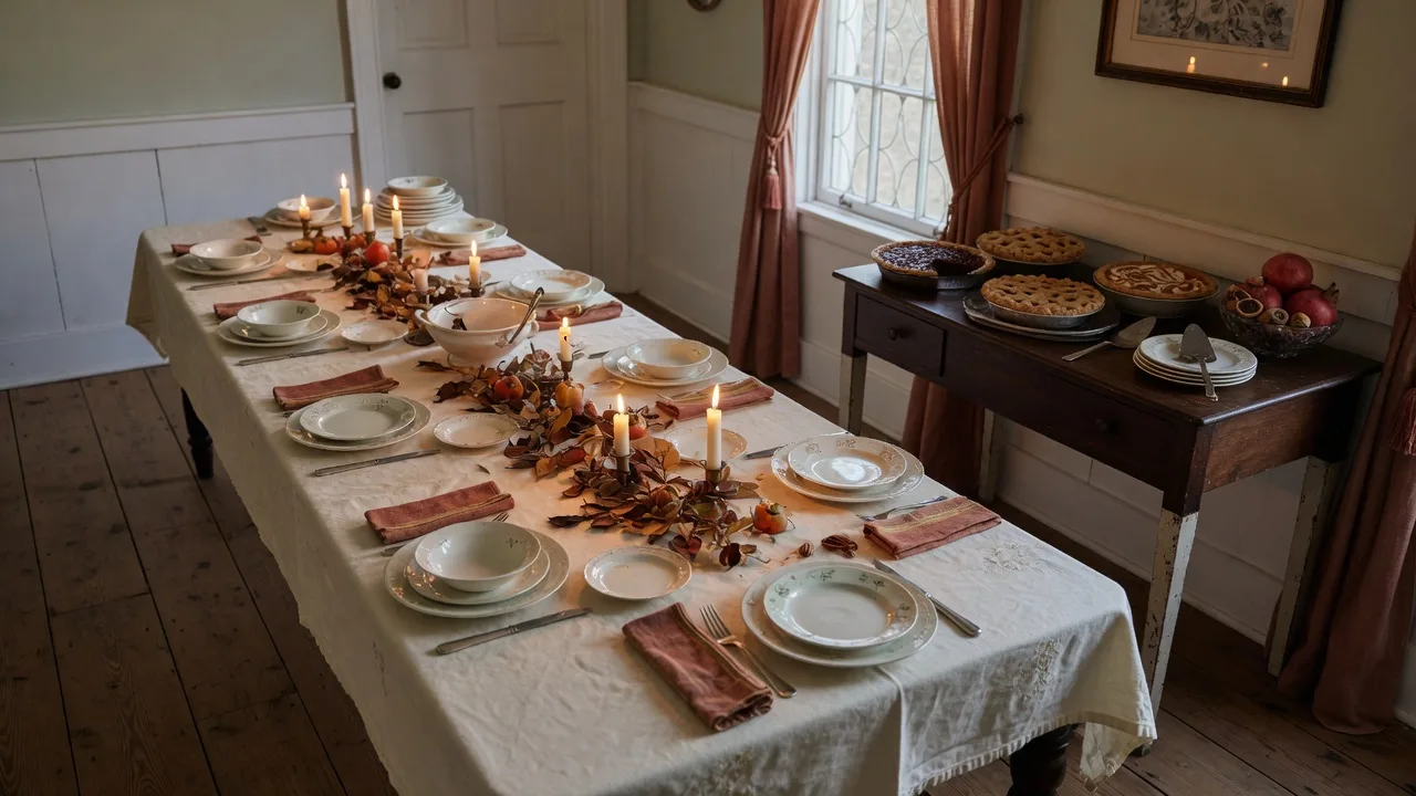 A long farmhouse dining table set for a generous holiday feast in a historic Southern home, with heirloom china, low candles, and a sideboard of pies in warm light