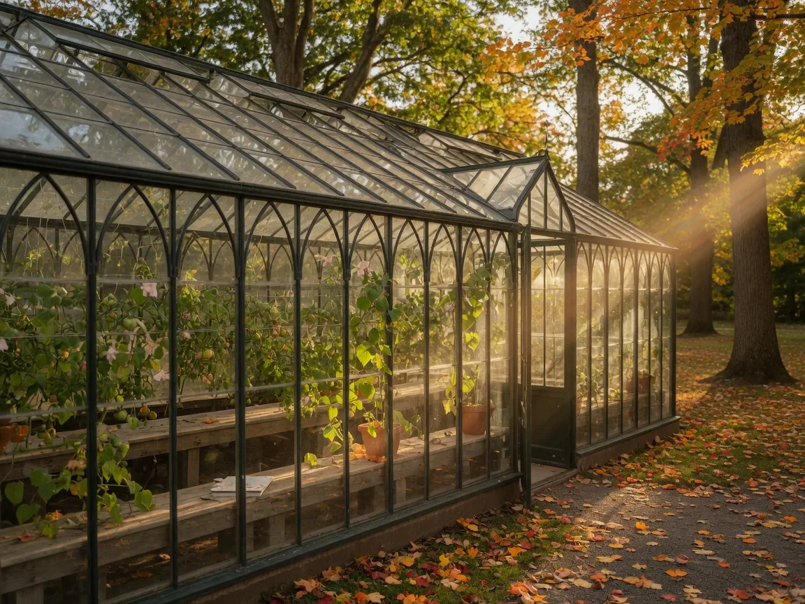 The restored Pardee Greenhouse in East Rock Park, New Haven, where Sound School agriculture students grow plants on wooden benches in golden autumn light