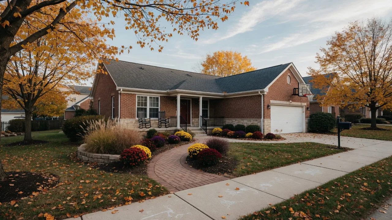 A low-maintenance single-level villa with a covered porch and attached garage in a Northern Virginia active adult community