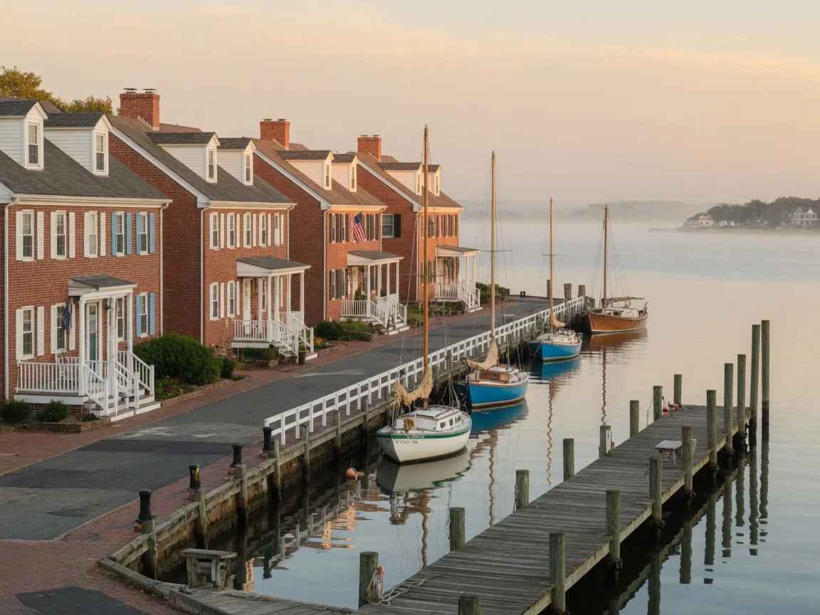 Brick rowhomes and sailboats along a quiet Chesapeake Bay harbor in Maryland at morning light