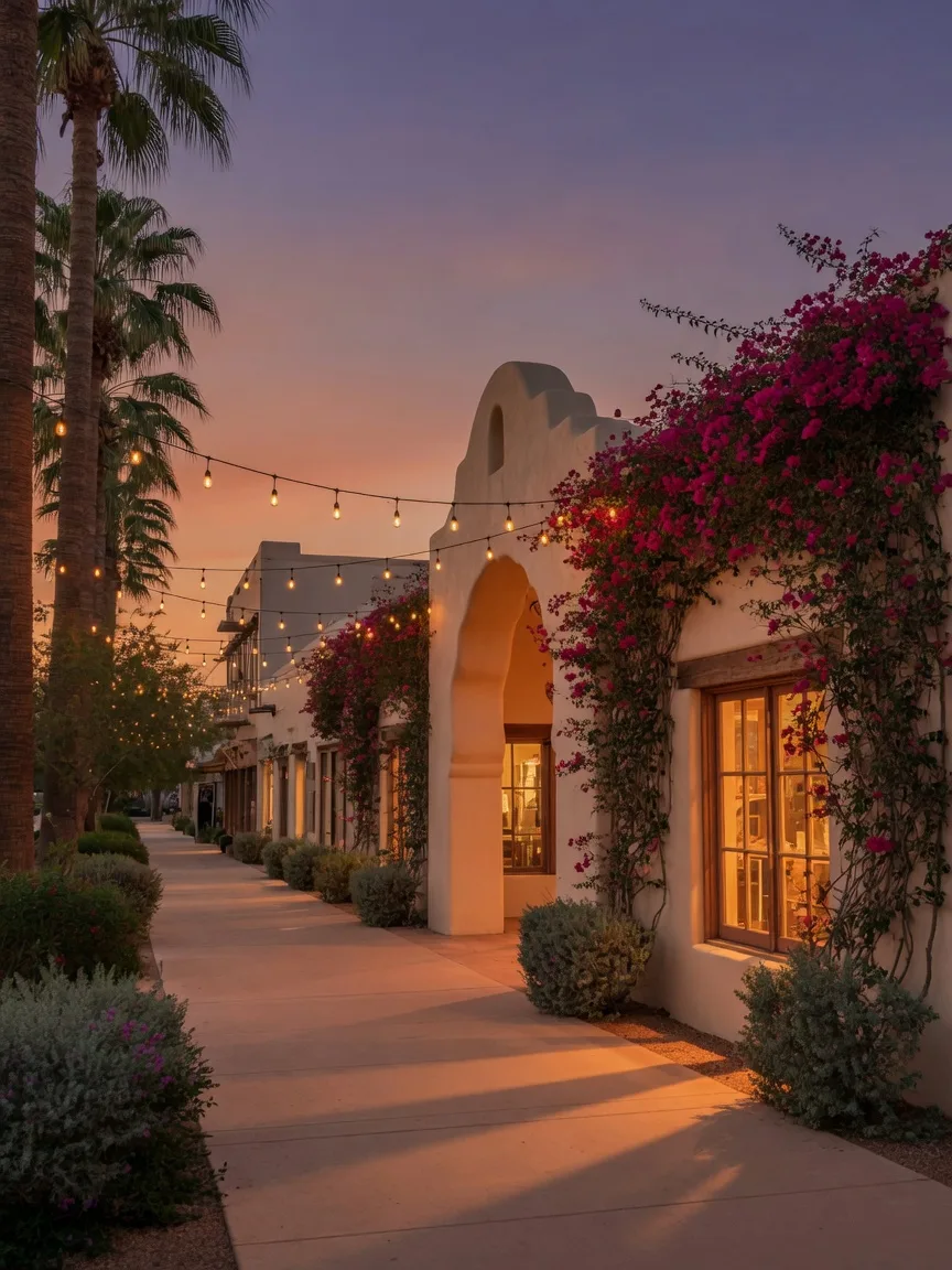 Palm-lined historic street in downtown Chandler, Arizona at dusk with warm storefront lights and an indigo sky