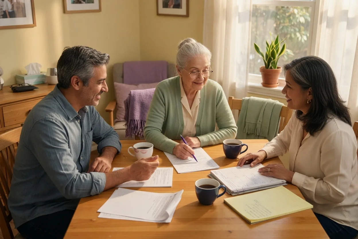 A caregiver gently holding an older adult's hands across a table in warm window light
