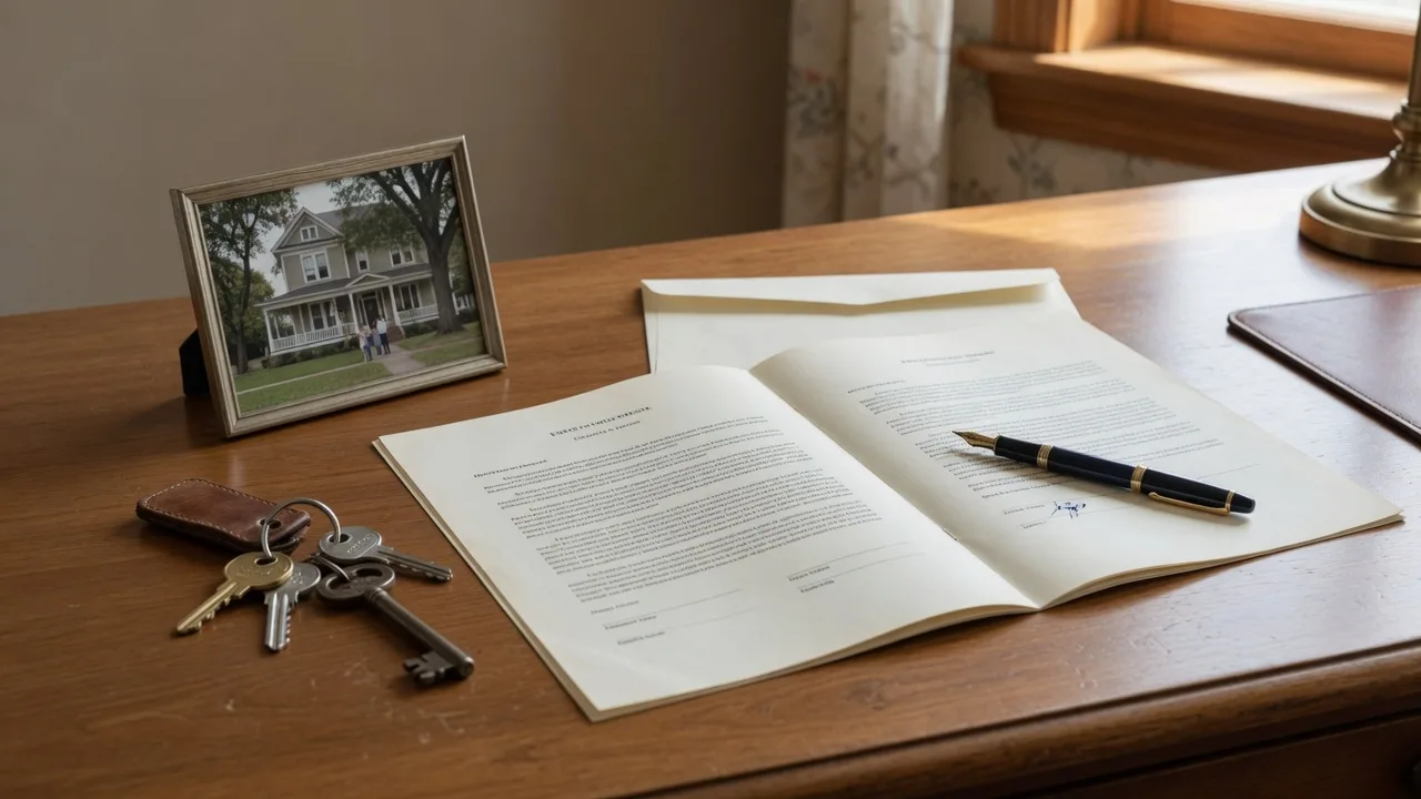 An open will document, pen, house keys, and a framed photo of a family home on a polished wooden desk in a warm Victoria home office