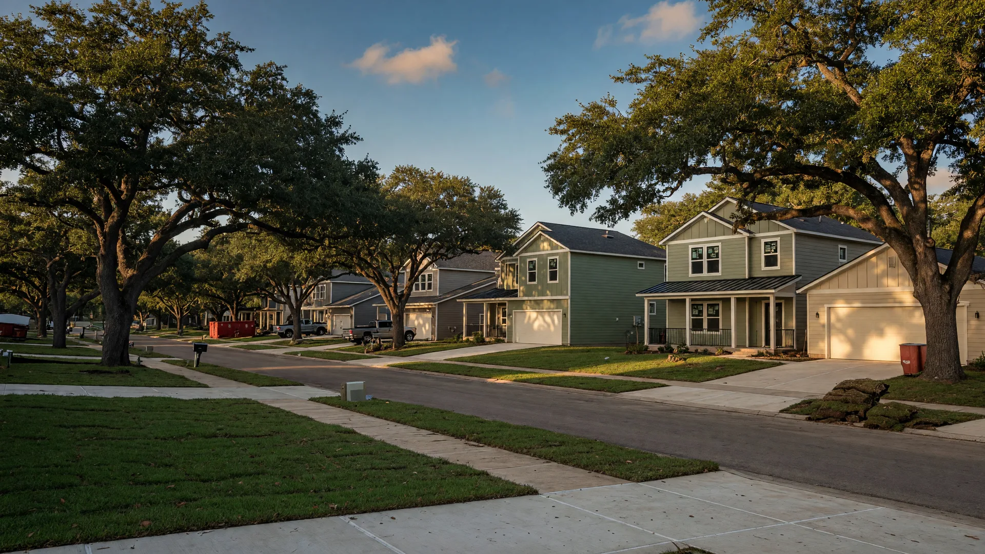 A row of newly built single-family infill homes on a leafy street in a small Texas town with fresh siding and driveways under live oak trees