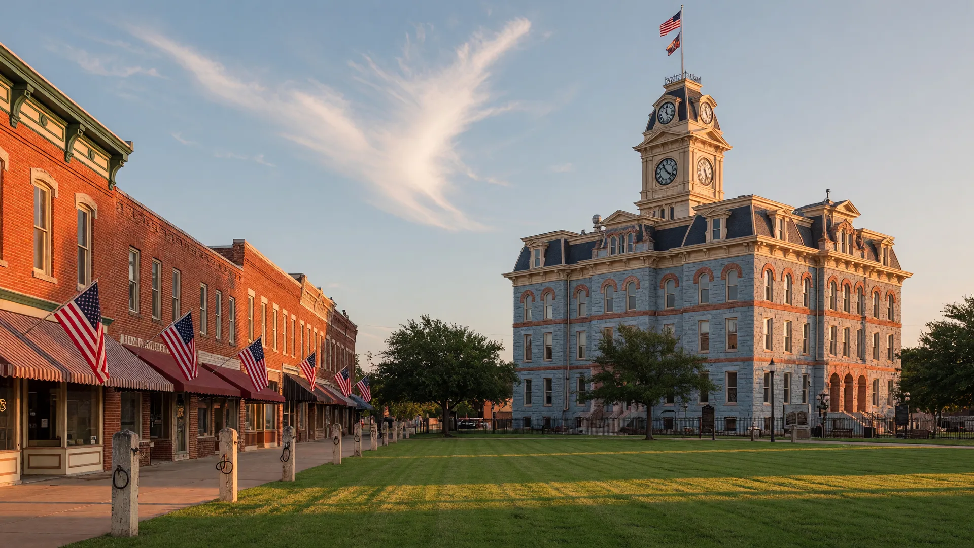 Historic three-story sandstone Caldwell County Courthouse with a clock tower standing watch over a green courthouse square in downtown Lockhart, Texas, framed by red brick storefronts with American flags on a sunny morning