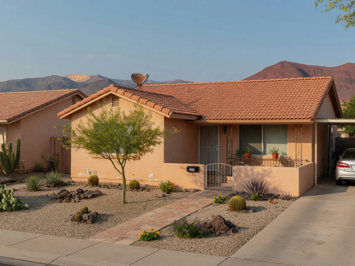A warm stucco Las Vegas home with desert mountain views, the property behind every title search
