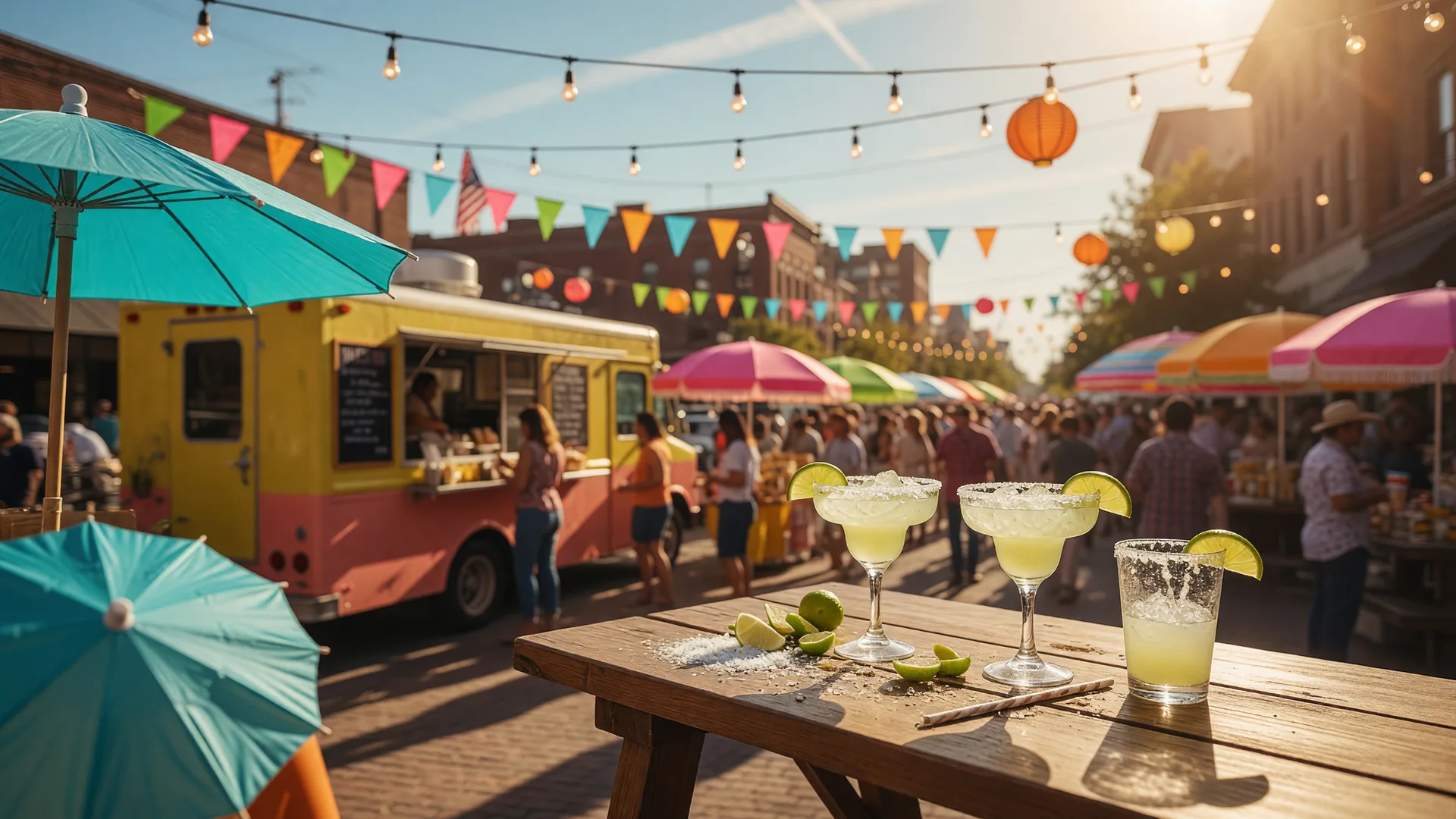An outdoor margarita festival patio on a warm afternoon with salt-rimmed margarita glasses on a bar table, colorful umbrellas, and a food truck in the background