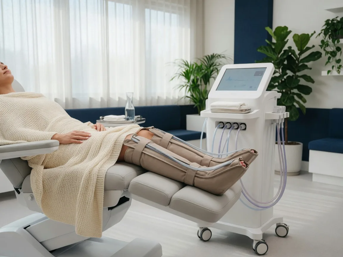 A patient relaxing on a treatment bed wearing EECP compression cuffs at Thrive EECP