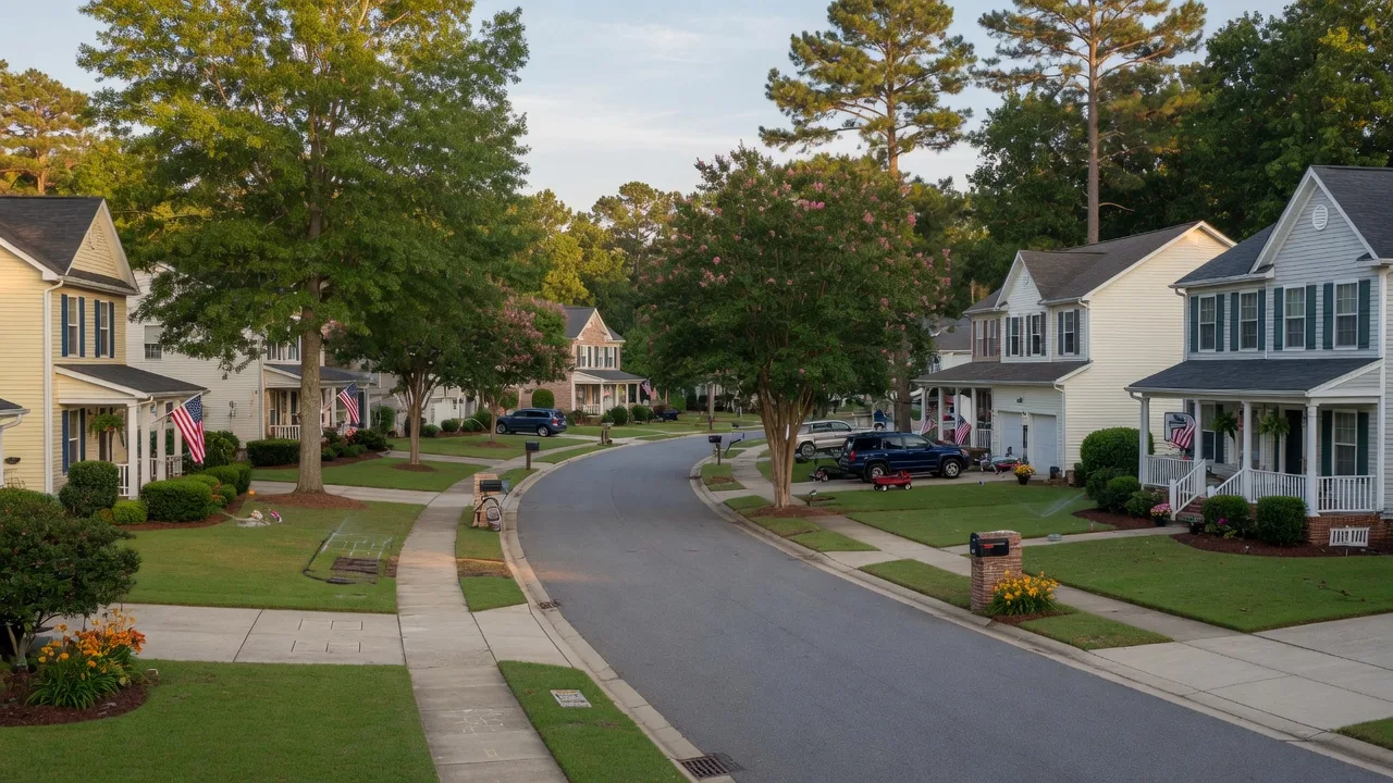 Chesapeake Virginia suburban neighborhood with well-maintained homes and green lawns