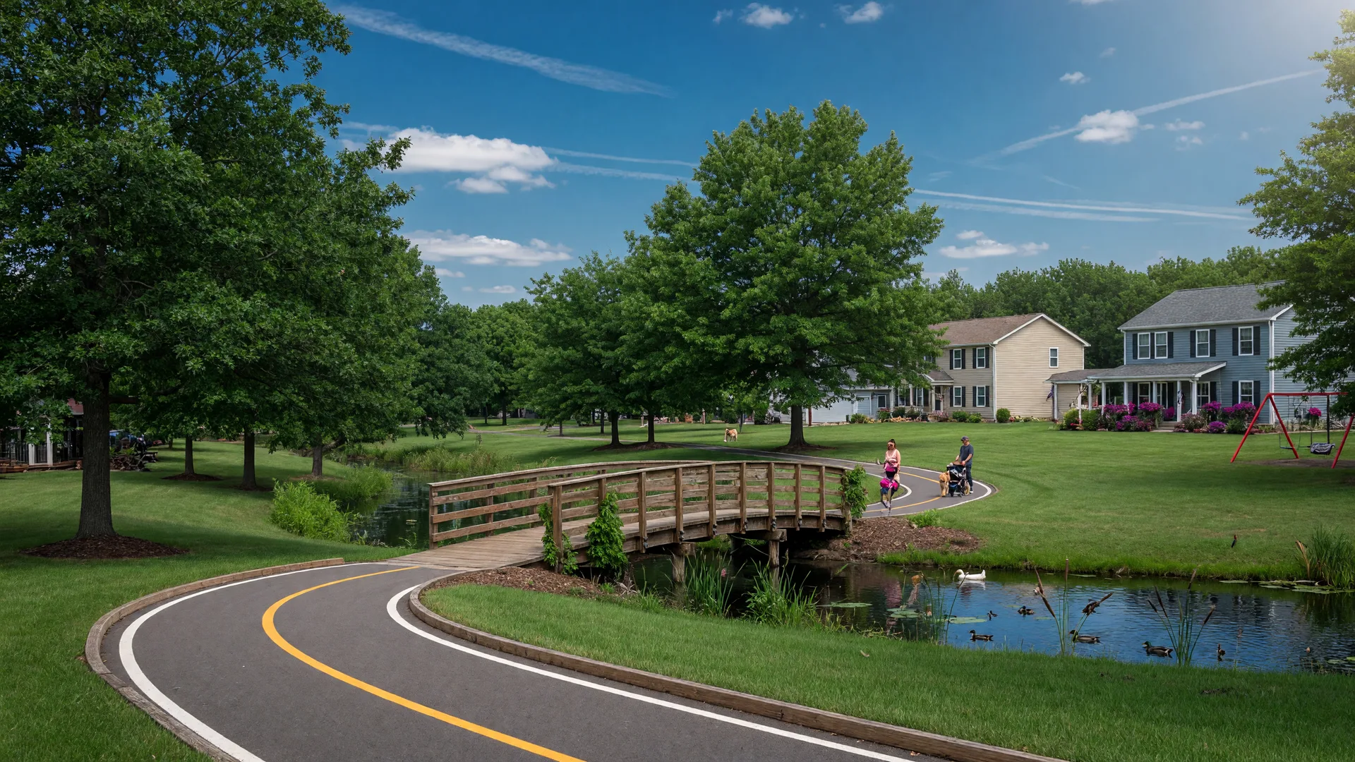 A tree-lined trail and wooden footbridge winding through a park in Stow Ohio on a summer day