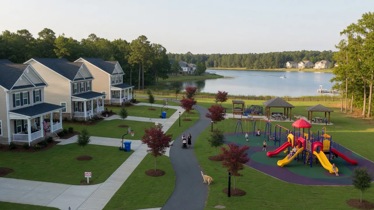 Huntersville NC family-friendly neighborhood with park and lake